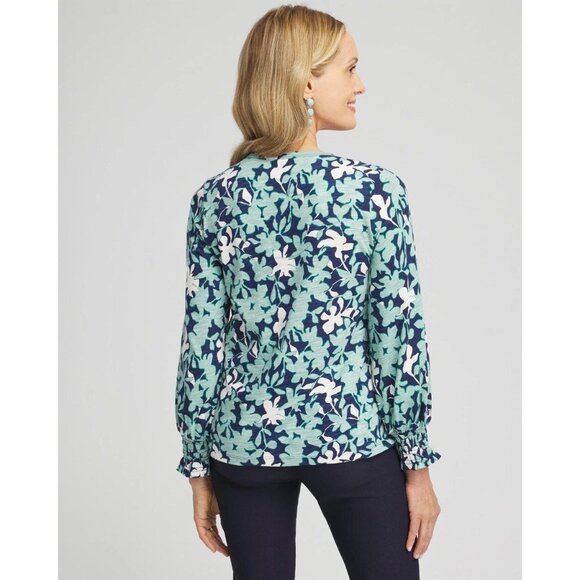 Chico's Floral Smocked Cuff Tee Womens XL Blue Bloomcore Peasant Boho Hippie‎ - Picture 14 of 16